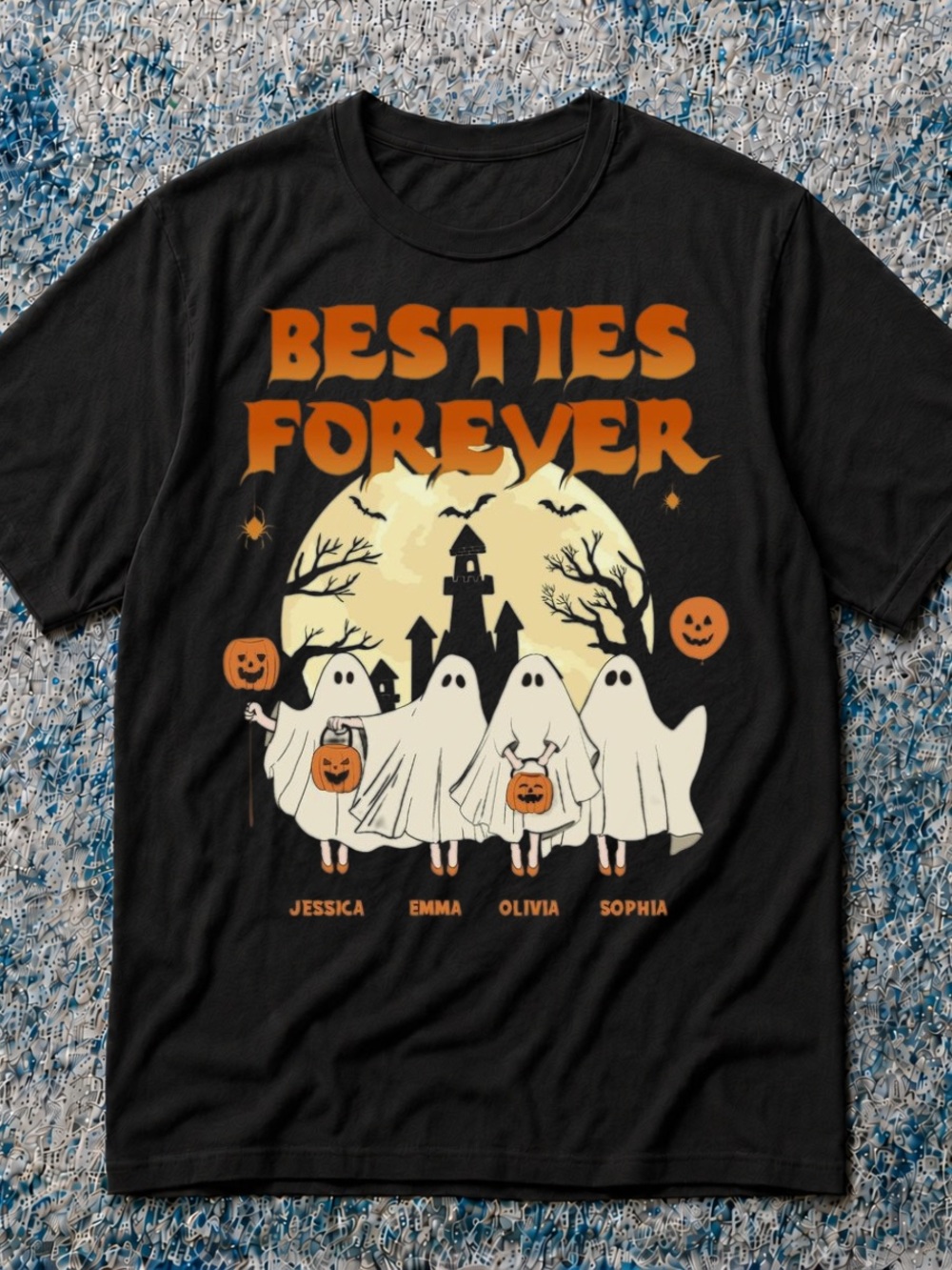 Gildan Black "Besties Forever" Halloween Ghosts T‑Shirt with Orange Graphics